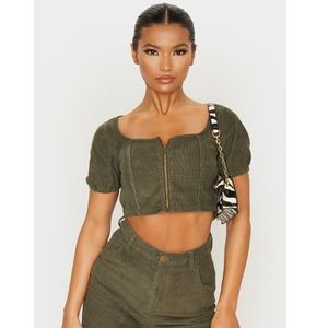 Khaki Cord Zip Through Denim Crop Top